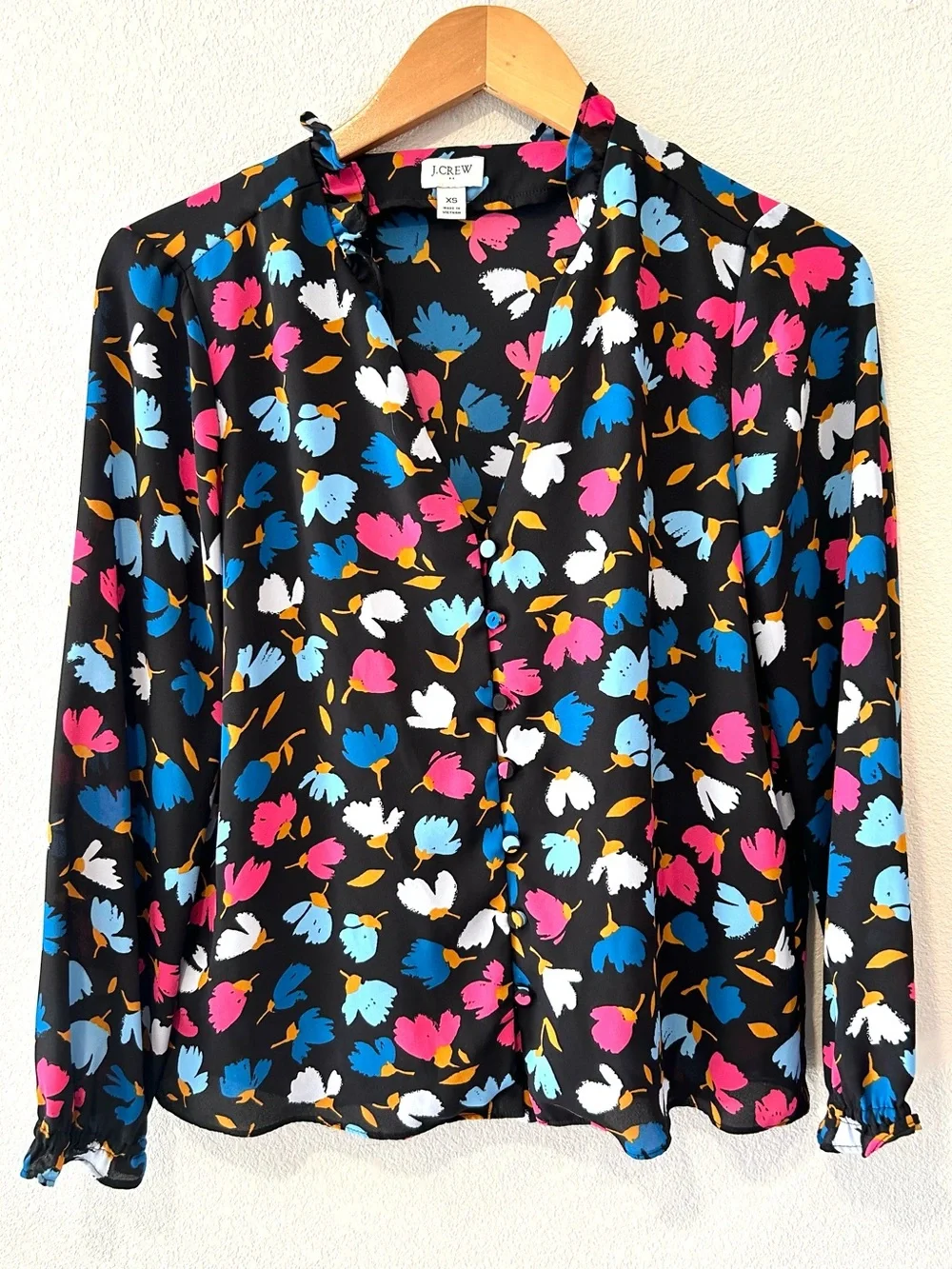 J.Crew Black Floral Satin Ruffle Buttondown Blouse Size Office Casual Preppy XS